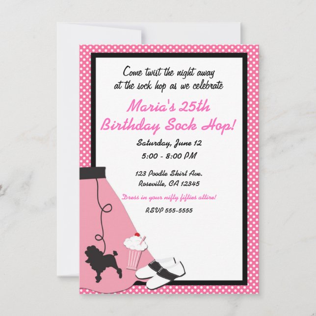SockHop Pink Poodle Skirt Party der 50er Jahre Einladung (Vorderseite)