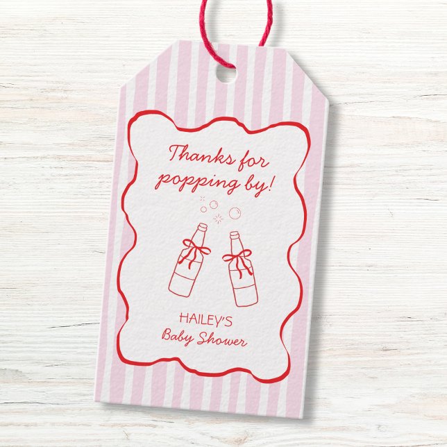 Soda Bottle Bow Pink & Red Wavy Baby Shower Geschenkanhänger (Soda Bottle Bow Pink & Red Wavy Baby Shower Gift Tags)