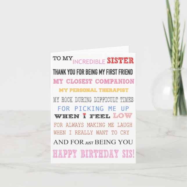 Soeur Carte Anniversaire Amour Meilleur ami (Devant)