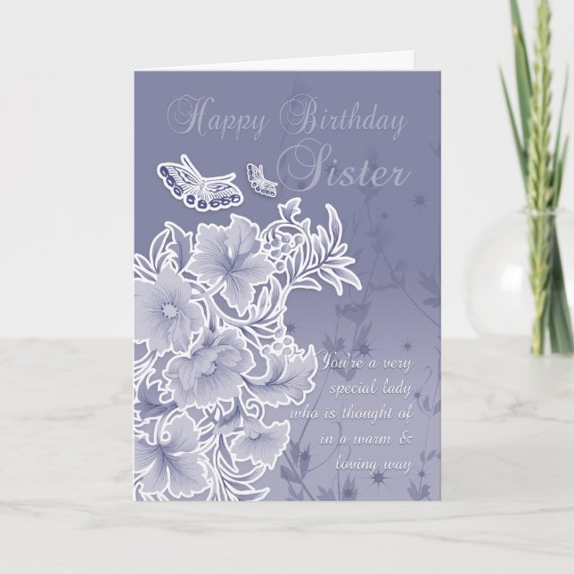 Soeur, Carte Anniversaire Avec Fleurs Et Papillons (Devant)