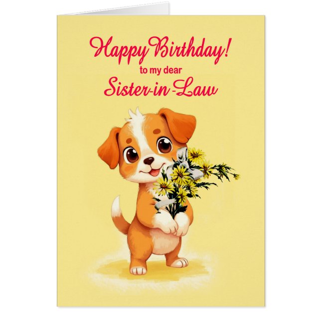 Soeur en droit Anniversaire Chiot et Fleurs (Devant)