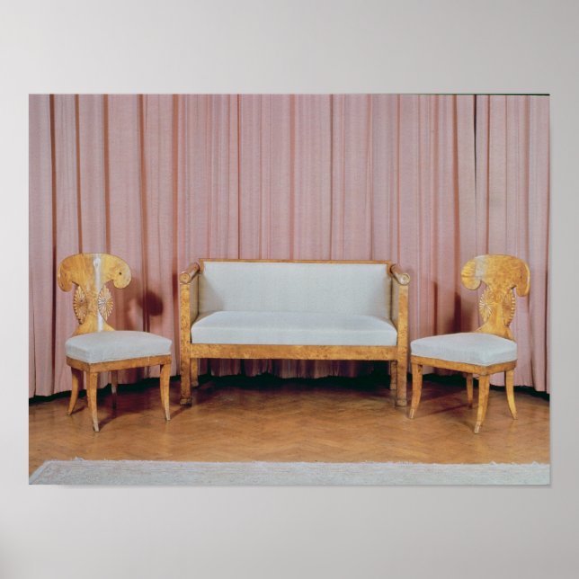Sofa und zwei Stühle, Karelische Birke, 1810-20 Poster (Vorne)
