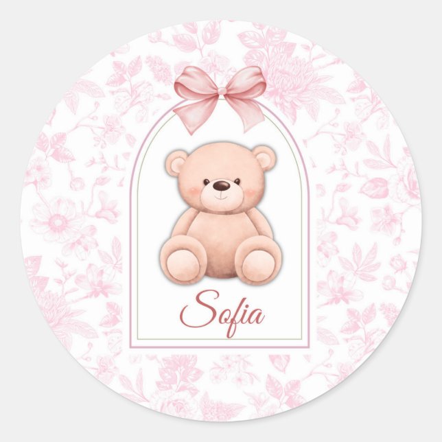 Sofia | Benutzerdefiniertes rosa Teddy-Bär-Kinderz Runder Aufkleber (Vorderseite)