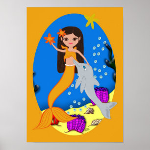 Sofia das Orange Mermaid und Dolphin Poster
