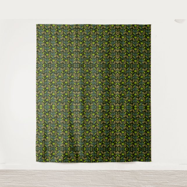 Sofisticiertes blaues und beiges Blumenmuster-Desi Wandteppich (Vorderseite)