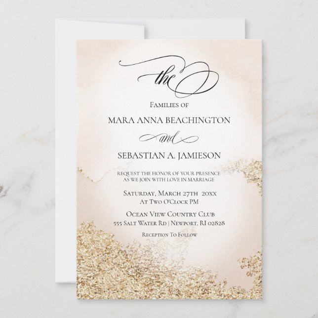 *~* Soft Abstrakt Watercolor Gold Blush Wedding Einladung (Vorderseite)
