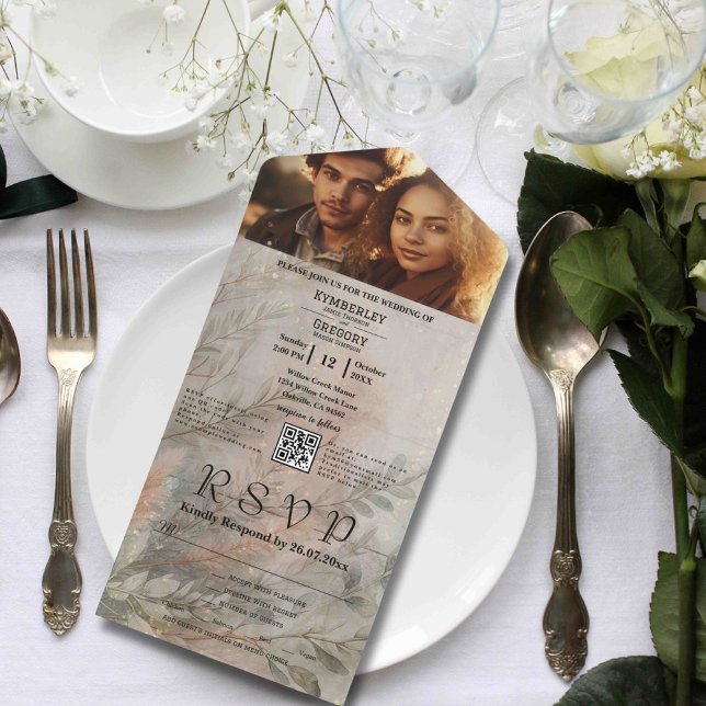 Soft Abstrakter botanischer Graugrün-Minimalcode Q All In One Einladung (Von Creator hochgeladen)