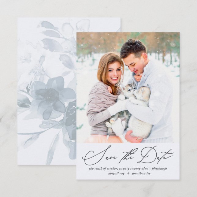 Soft and Airy Floral Blue Foto Wedding Sav Save The Date (Vorne/Hinten)