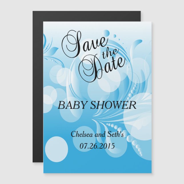 Soft Baby Blue Bokeh Florid | Baby Boy Dusche Magneteinladung (Vorne/Hinten)