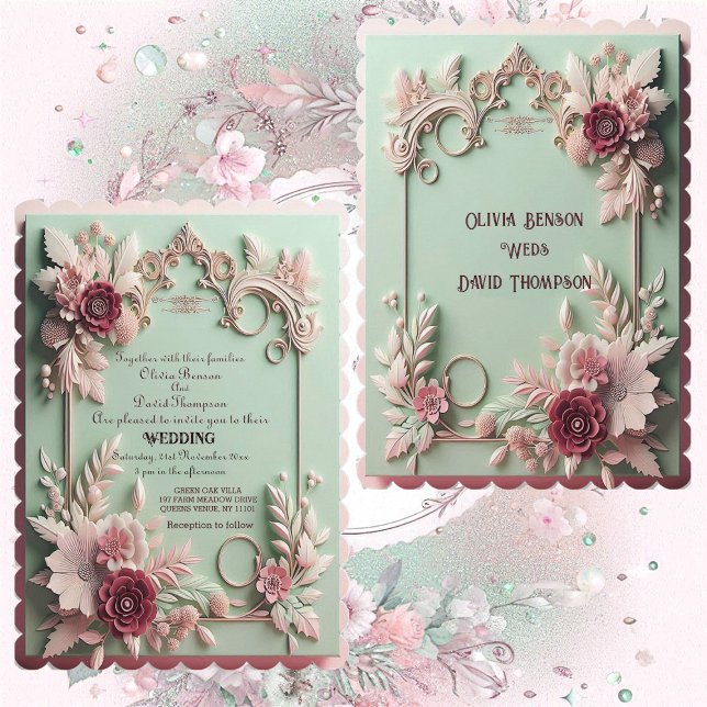Soft Baroque Elegante Maroon Rose Blumenmotive Einladung (Soft Baroque Elegance Maroon Rose Floral Motifs Invitation)