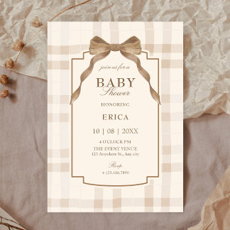 Soft beige brown bow tartan plaid baby shower einladung