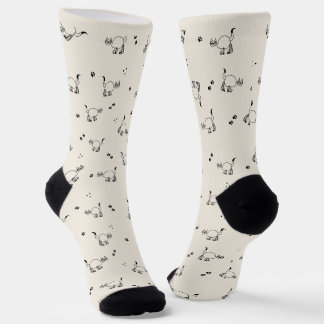 Soft Beige Cat Line Art Pattern Socks Socken