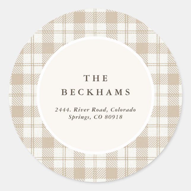 Soft Beige Gingham Christmas Return Address Runder Aufkleber (Vorderseite)
