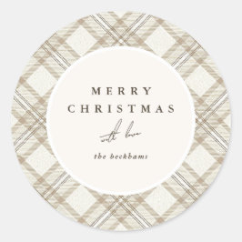Soft Beige Gingham Merry Christmas Runder Aufkleber
