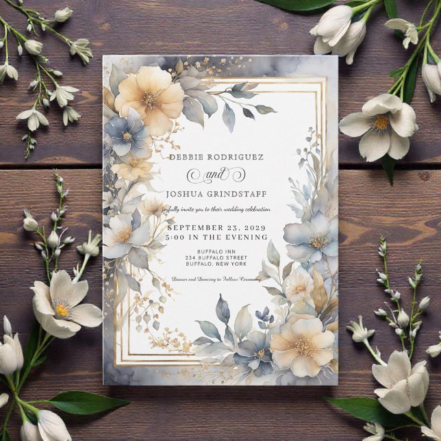Soft Beige & Gray Floral Frame Wedding Invitation  (Créateur téléchargé)