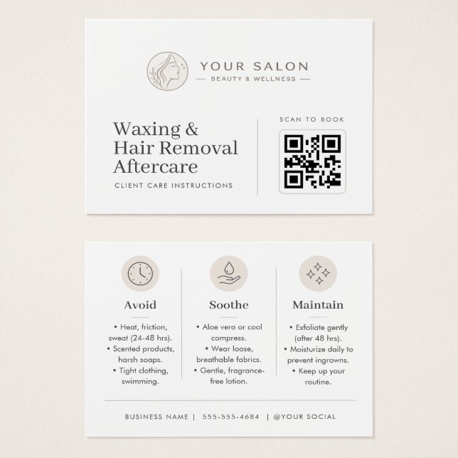 Soft Beige Minimal Wachs-Nachsorge QR-Vorlage (Vorne & Hinten)