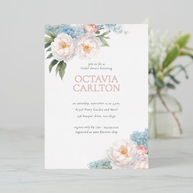 Soft Blue and Pink Flowers classic Bridal Shower Folieneinladung (Stehend vorne)