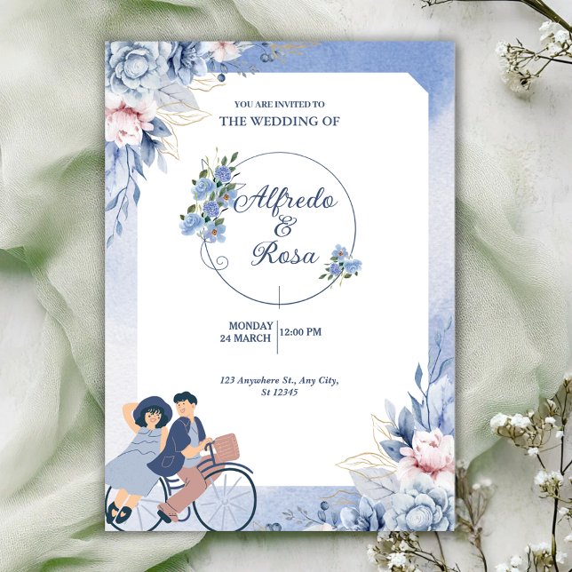 Soft Blue and White Floral Illustrative Wedding  Einladung (Von Creator hochgeladen)