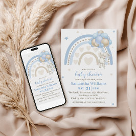 Soft Blue Beige Bunny Balloon Rainbow Baby Dusche Einladung