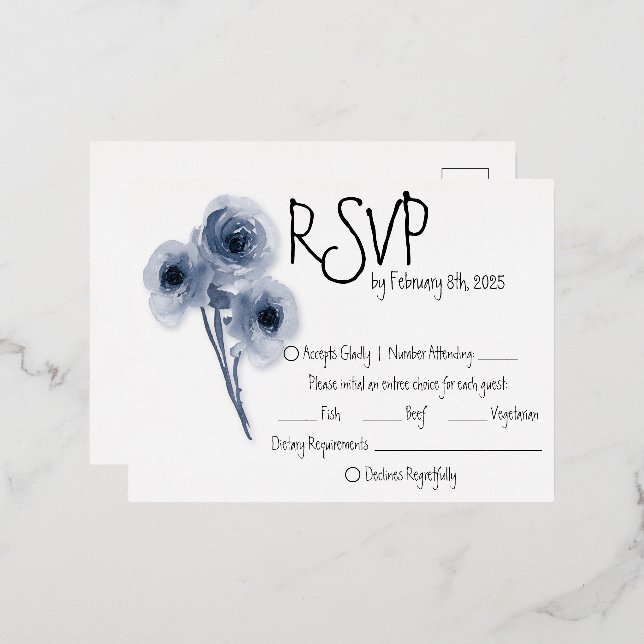 Soft Blue Blume Wedding RSVP Card Folie Einladungspostkarte (Vorderseite/Rückseite)
