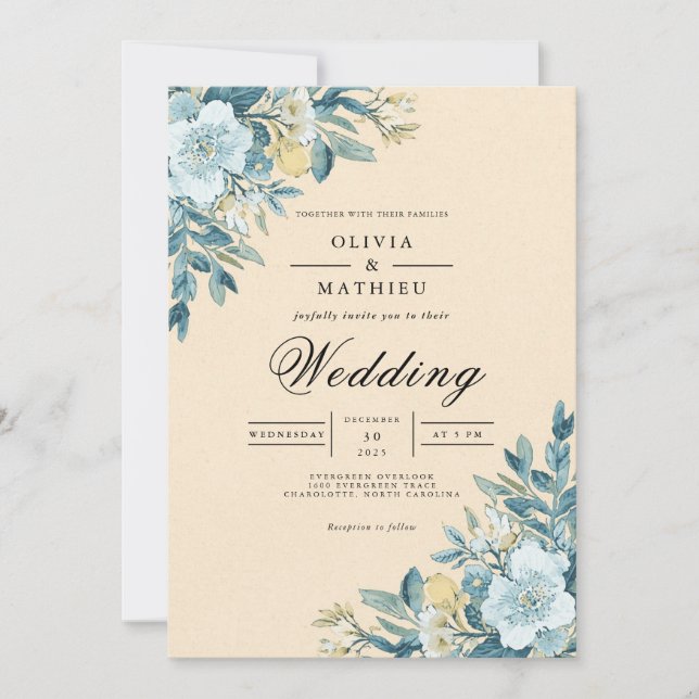 Soft Blue Botanical Blüh Wedding Einladung (Vorderseite)