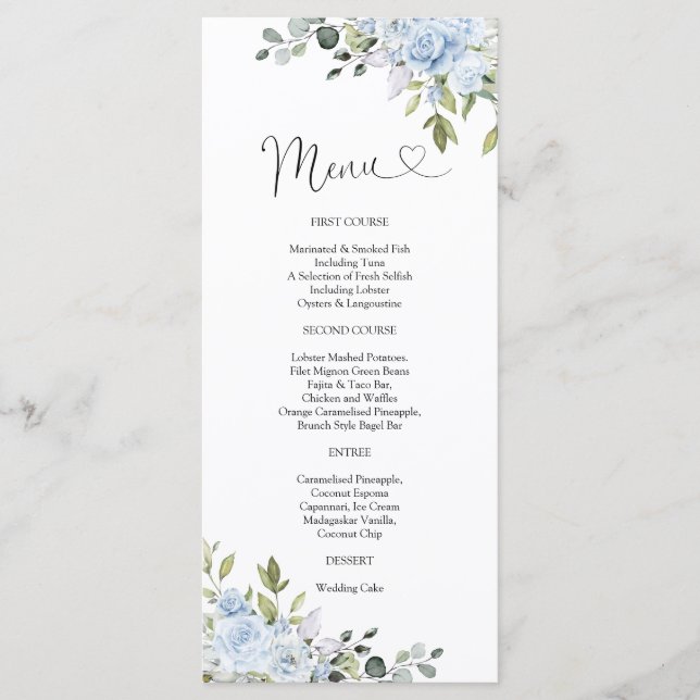 Soft Blue Botanical Wedding Menu (Devant)