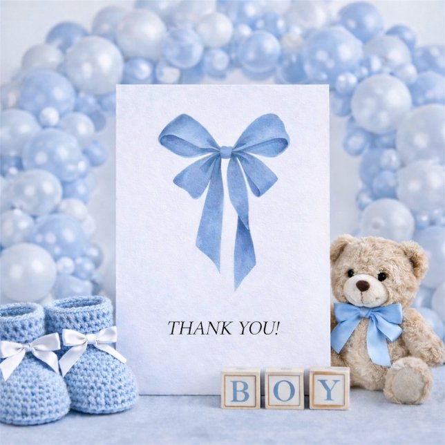 Soft Blue Bow Boy Baby Shower Dankeskarte (Soft Blue Bow Boy Baby Shower Thank You Card)