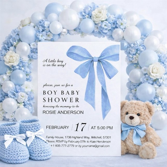 Soft Blue Bow Boy Baby Shower Einladung (Soft Blue Bow Boy Baby Shower Invitation)