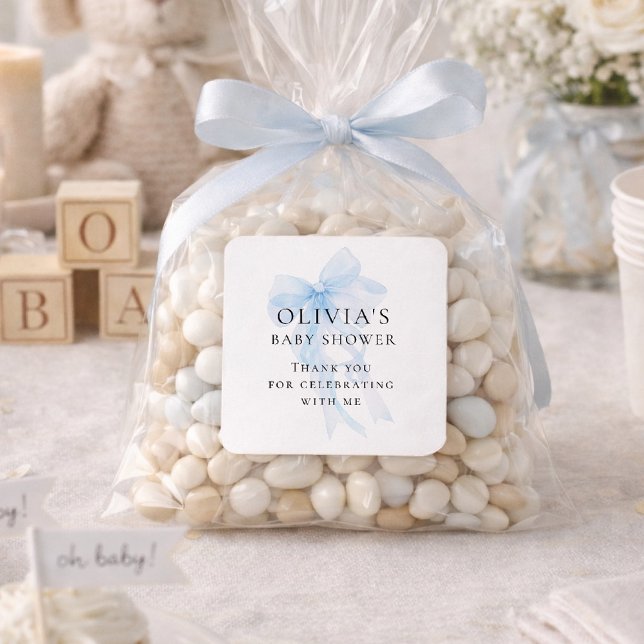 Soft Blue Bow Text Thank You Baby Shower Quadratischer Aufkleber (Von Creator hochgeladen)
