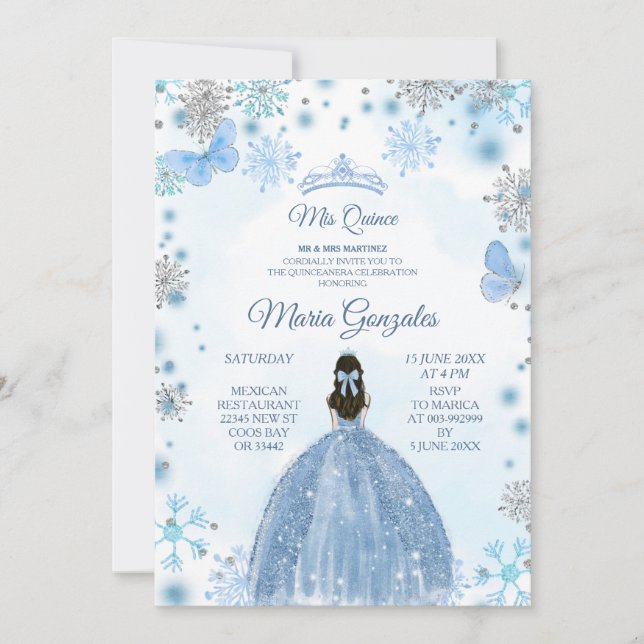Soft Blue Butterfly & Winter Season Sweet 15. Inv. Einladung (Vorderseite)