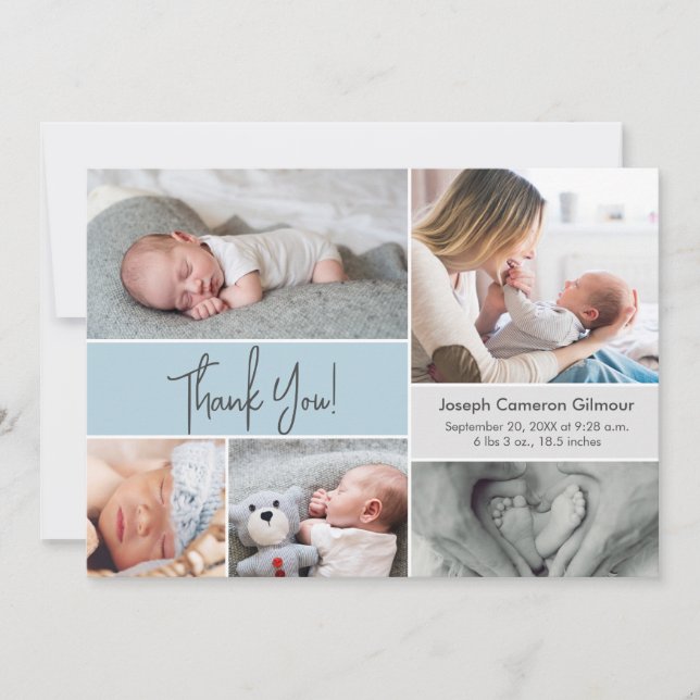 Soft blue Custom Foto Collage Baby Boy Birth Dankeskarte (Vorderseite)