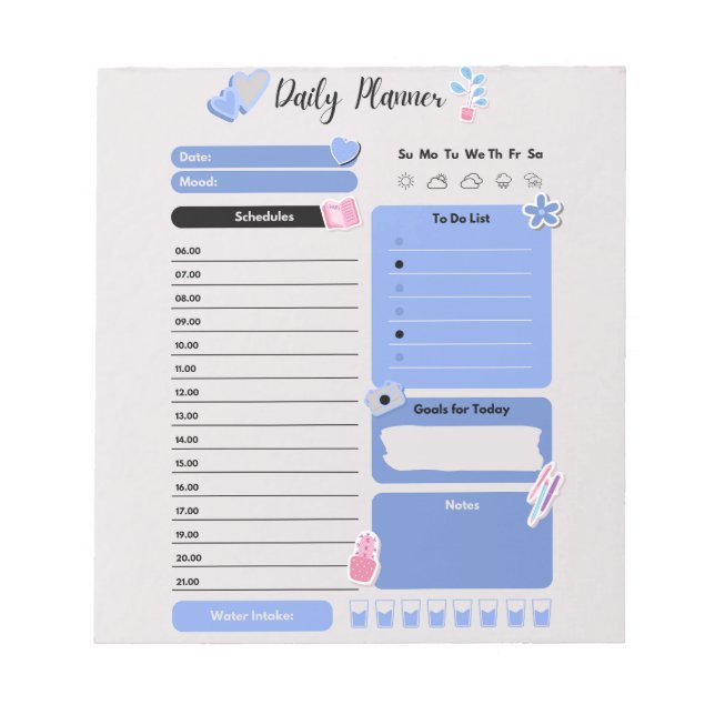 Soft Blue Daily Planner with Mood & Water Track Notizblock (Vorderseite)