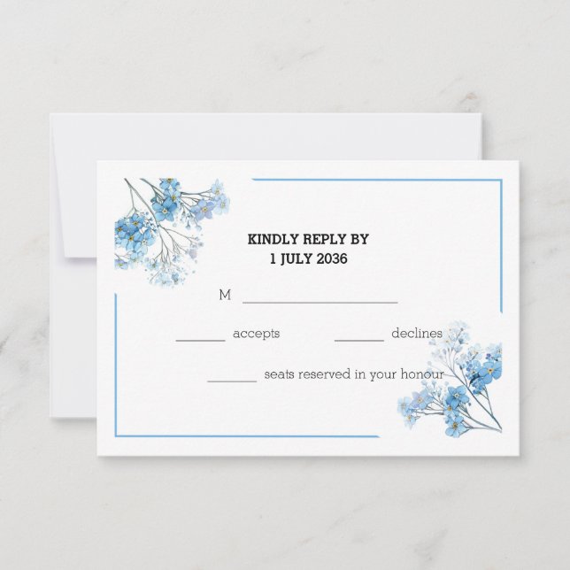 Soft Blue Elegant Watercolor Flowers Wedding RSVP (Devant)