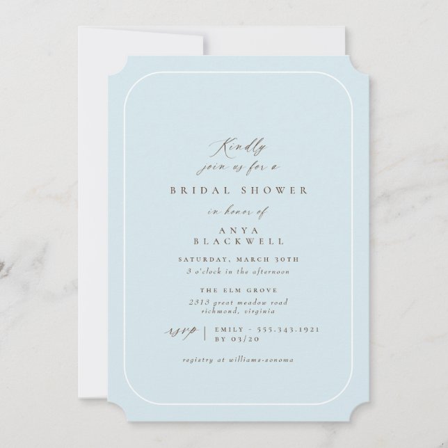 Soft Blue | Elegantes klassisches Brautparty Einladung (Vorderseite)