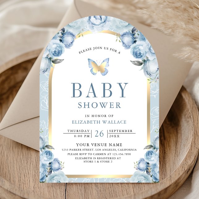 Soft Blue Floral Arch Butterfly Baby Dusche Einladung (Von Creator hochgeladen)