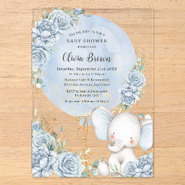 Soft Blue Floral Ballon Elephant Boy Baby Dusche Acryleinladungen
