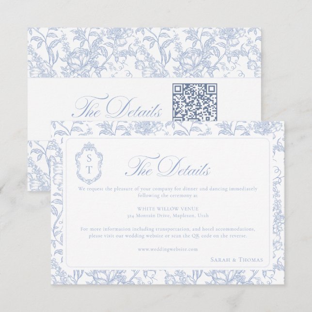 Soft Blue Floral Chinoiserie Details QR code Begleitkarte (Vorne/Hinten)