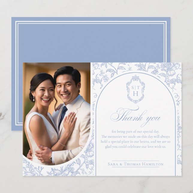 Soft Blue Floral Chinoiserie Monogram Wedding Dankeskarte (Vorne/Hinten)
