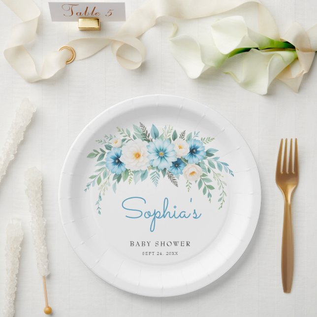 Soft Blue Floral Elegantes Baby Dusche Party Pappteller (Hochzeit)