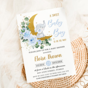 Soft Blue Floral Elephant Sweet Baby Boy Dusche Einladung
