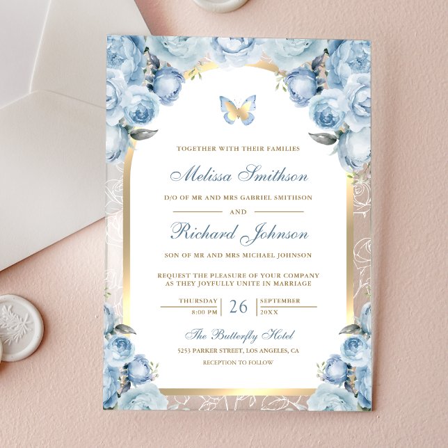 Soft Blue Floral Gold Arch Butterfly Wedding Acryleinladungen (Von Creator hochgeladen)