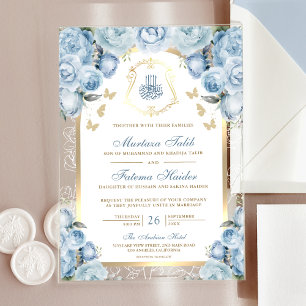 Soft Blue Floral Gold Arch muslimische Hochzeit Acryleinladungen