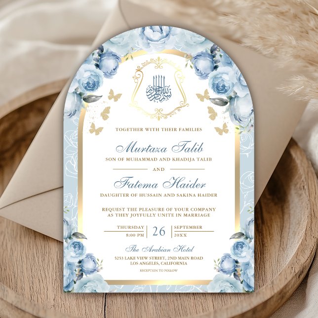 Soft Blue Floral Gold Arch muslimische Hochzeit Einladung (Von Creator hochgeladen)