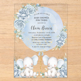 Soft Blue Floral Niedlich Elefanten Twins Baby Dus Acryleinladungen