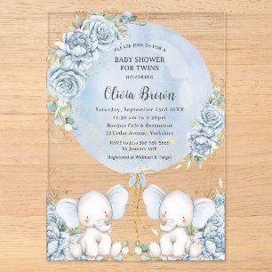 Soft Blue Floral Niedlich Elefanten Twins Baby Dus Acryleinladungen