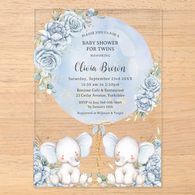Soft Blue Floral Niedlich Elefanten Twins Baby Dus Acryleinladungen (Vorderseite)