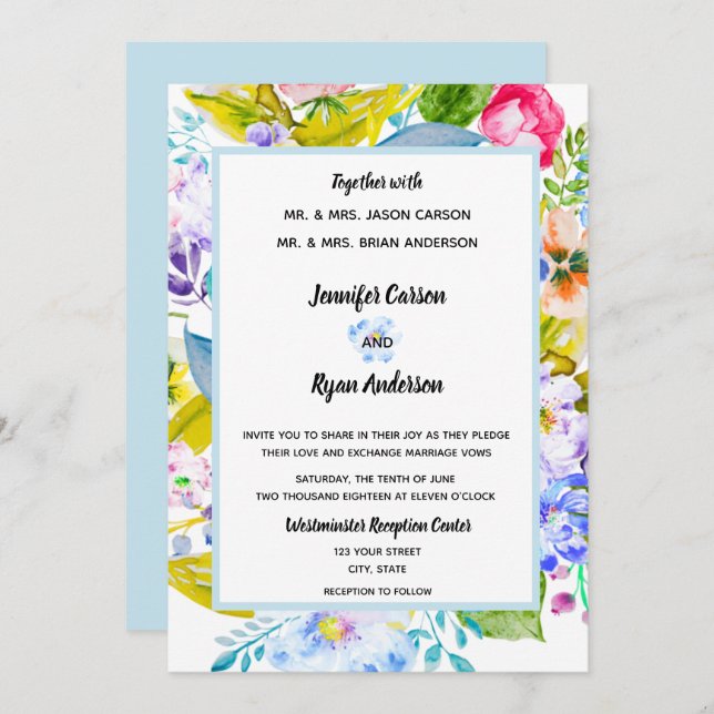 Soft Blue Floral Romantic Wedding Einladung (Vorne/Hinten)