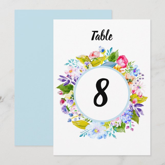 Soft Blue Floral Romantic Wedding Tischnummer (Vorne/Hinten)