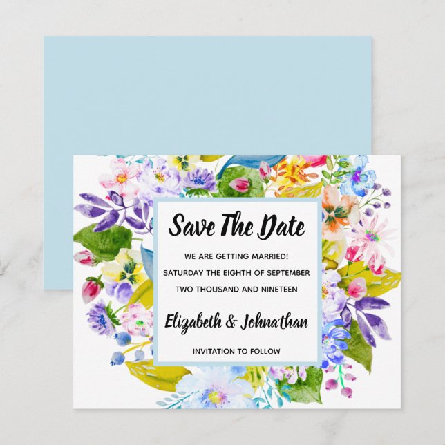 Soft Blue Floral Romantik Save the Date Einladung (Vorne/Hinten)