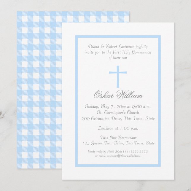 Soft Blue Frame und Buffalo Kariert erste Kommune Einladung (Vorne/Hinten)